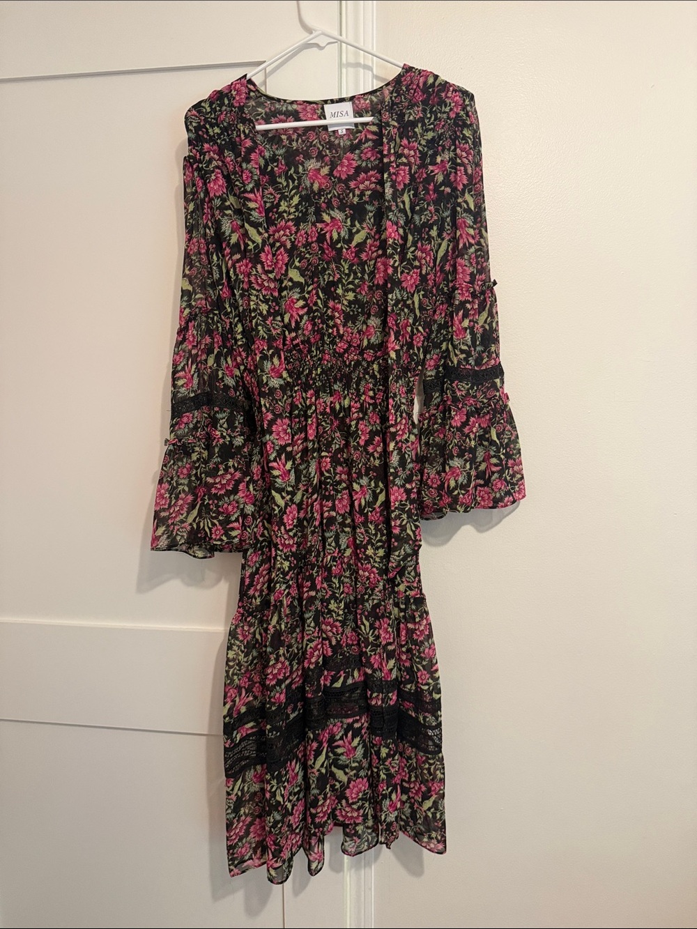 Misa Los Angeles Black Floral Long Sleeve Tiered Dress with Pink Flowers